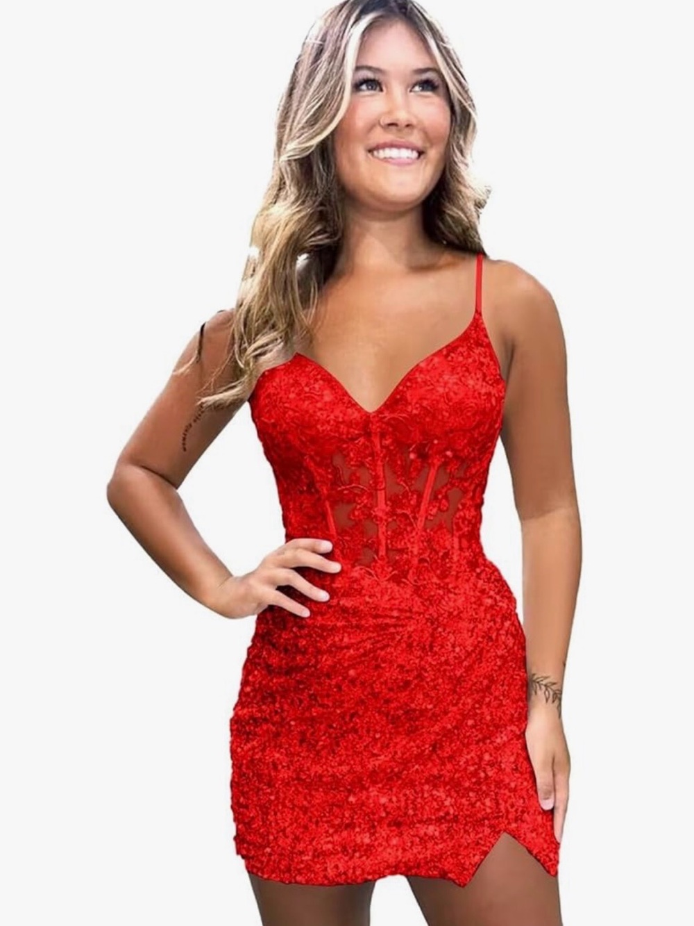 Elegant Red Lace Mini Dress with Spaghetti Straps